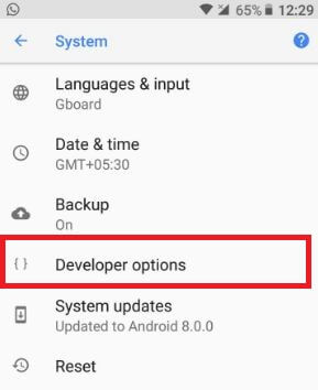 Докоснете опциите за разработчици в android Oreo 8.0