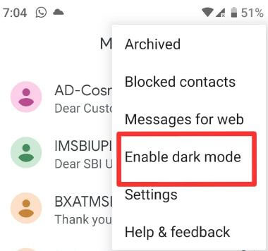 Как да активирам тъмния режим на съобщения за Android