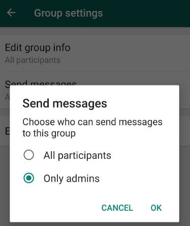 Администраторите на групата WhatsApp ограничават изпращането на съобщения android