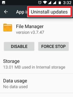 деинсталирайте актуализациите на файловия мениджър android устройство